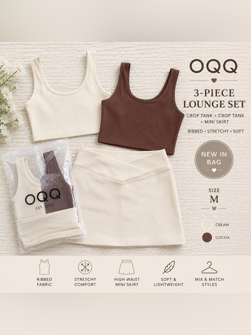 OQQ 3Pc Ribbed Lounge Set Cream Cocoa Tanks & Mini Skirt M